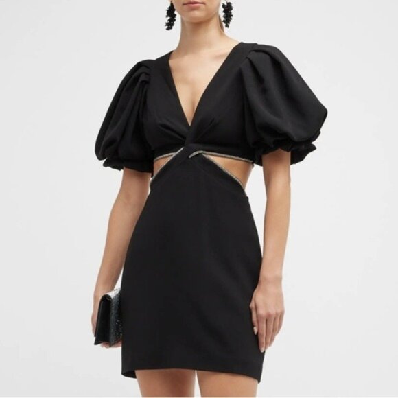 ALC Hazel Crystal Twist Cutout Mini Dress 12 Black Balloon Puff Sleeve Formal - Picture 2 of 16